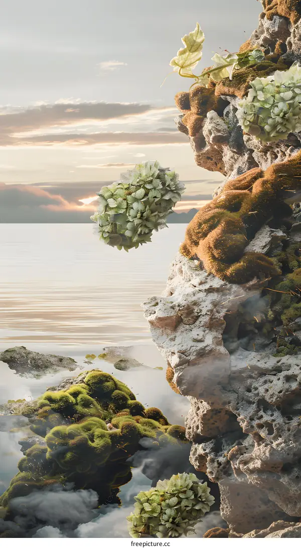 Floating Plants on a Cliffside with a Cloudy Sky
