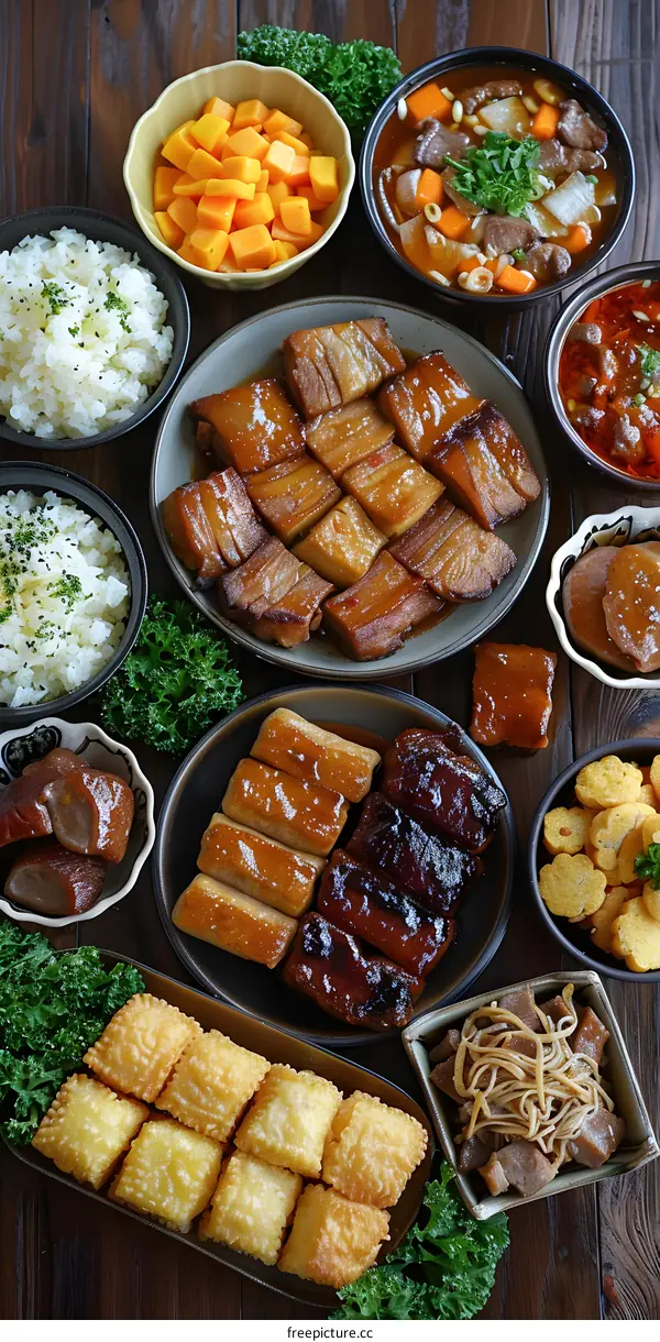 Variety of Chinese Dishes on a Wooden Table