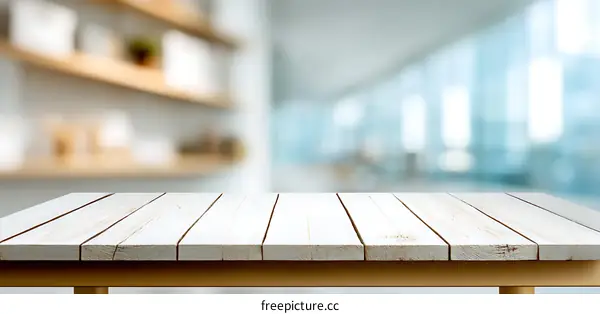 White Wooden Table Top with Blurred Background