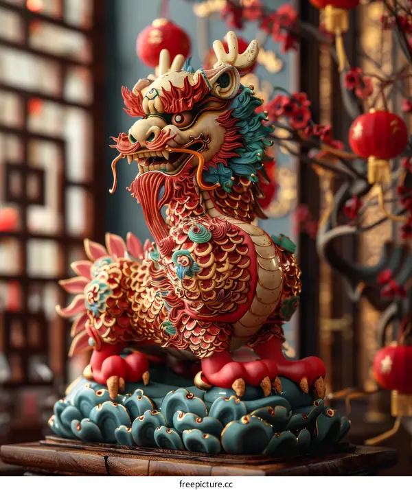 Red and Green Ceramic Qilin Statue