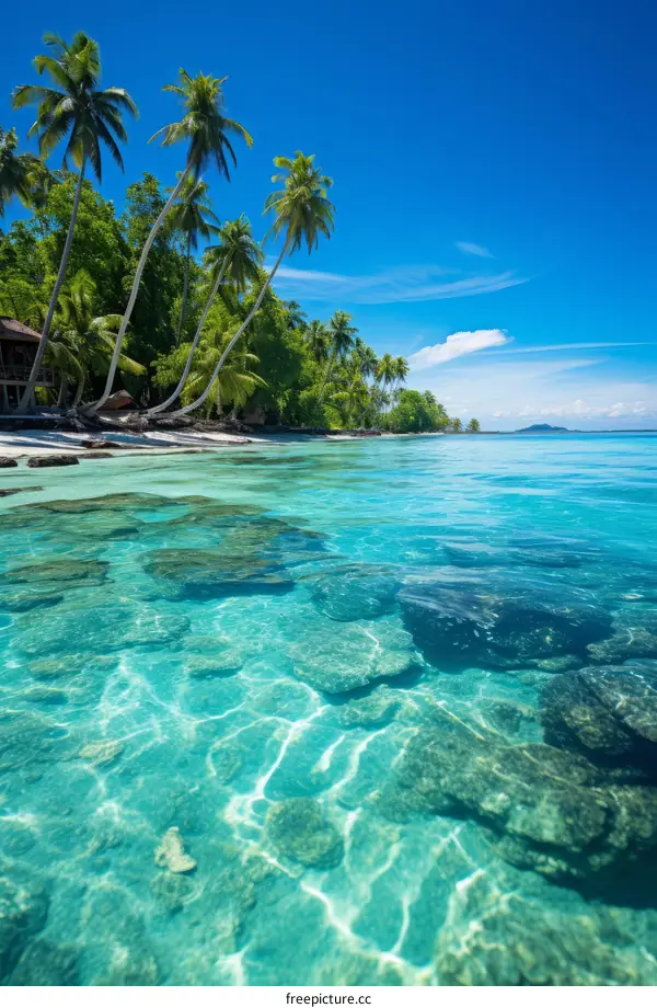 A beautiful beach with crystal clear water and palm trees.