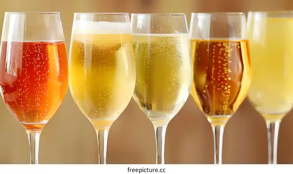 Five Glasses of Champagne with Different Colors