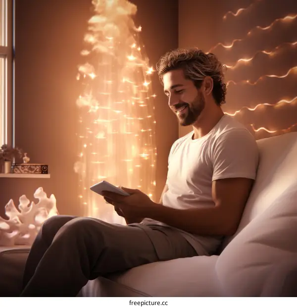 Bearded man smiling while using a tablet