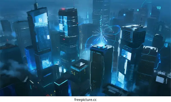 Futuristic Cityscape with Illuminated Skyscrapers and Digital Networks