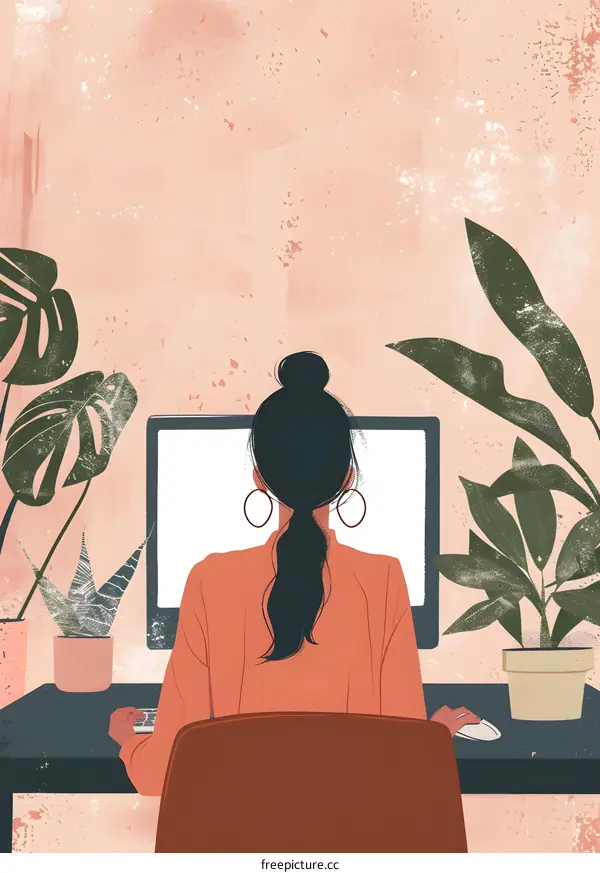Woman Working on Computer in Home Office with Plants