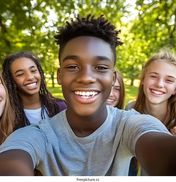 Happy Friends Taking Selfie Outdoors In The Park
