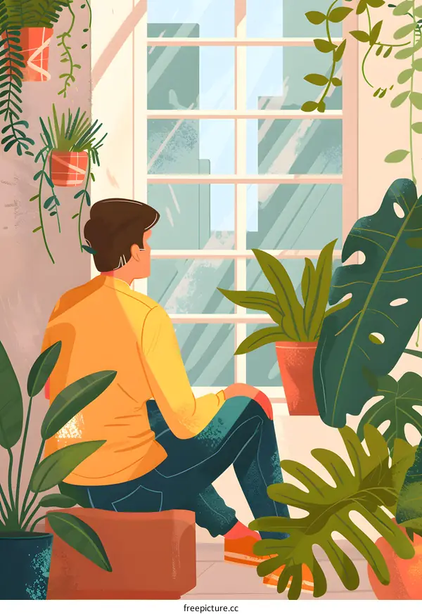 Man Sitting By Window Looking Out At Cityscape