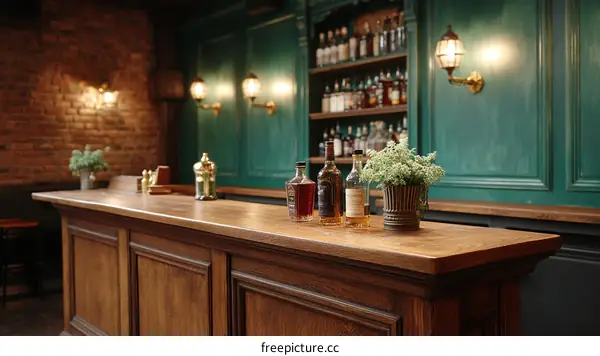 Rustic Bar Interior with Whiskey Bottles