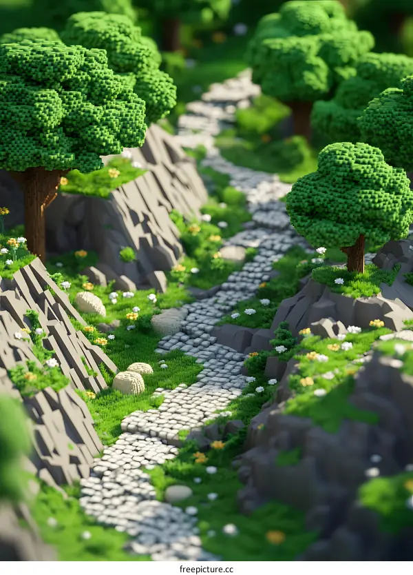 Pixel Art  Green Forest Landscape With Winding Path