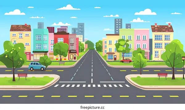 Cartoon City Street with Buildings and Cars