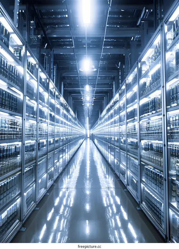 Long Narrow Corridor with Shelves of Metal Boxes
