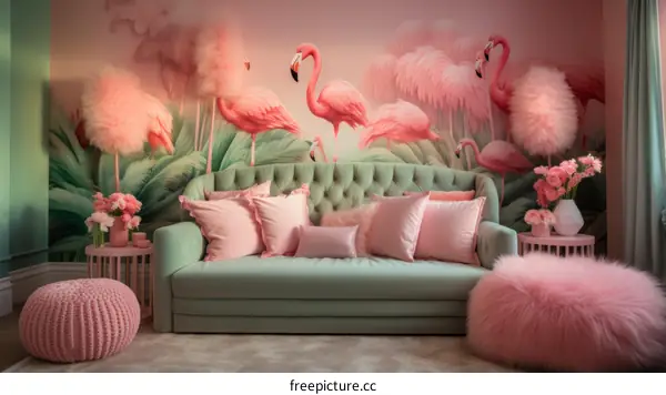 Pink Flamingo Tropical Living Room Decor