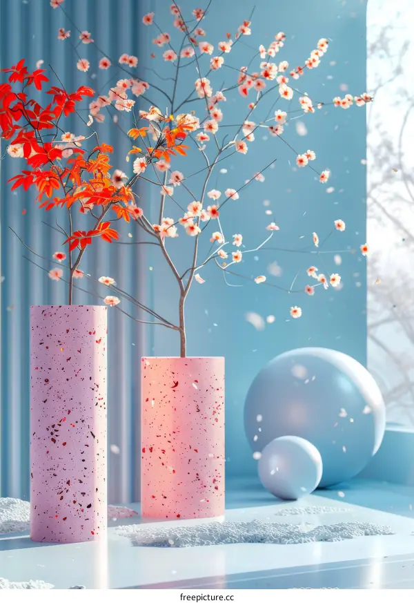 Spring Blossom Scene with Pink Vases