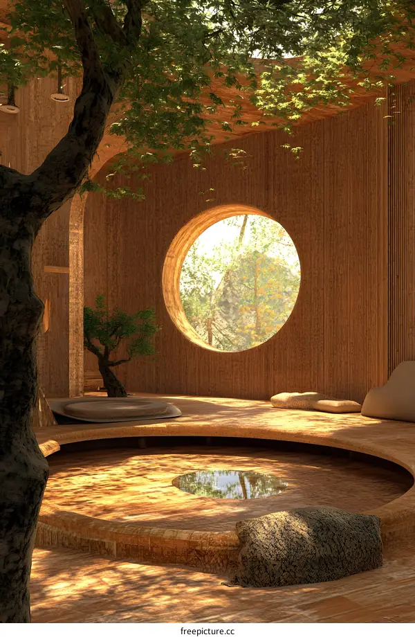 Circular Wooden Room with Round Window and Tree