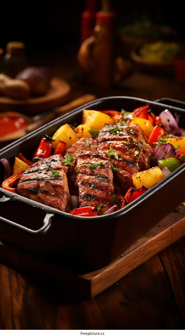 Grilled pork loin with pineapple, peppers and potatoes