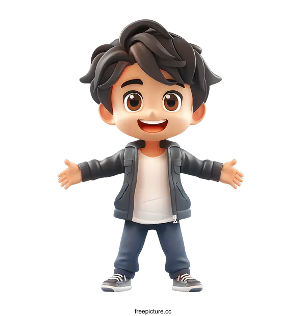 [Transparent Background PNG]A 3D rendering of a young boy with black hair and brown eyes wearing a black jacket and blue jeans.