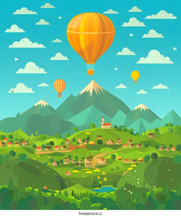 Colorful Hot Air Balloons Flying Over Green Hills And Mountains