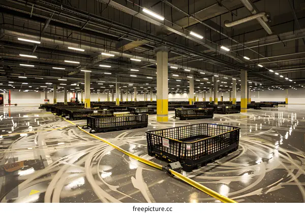 Empty Industrial Warehouse With Black Crates