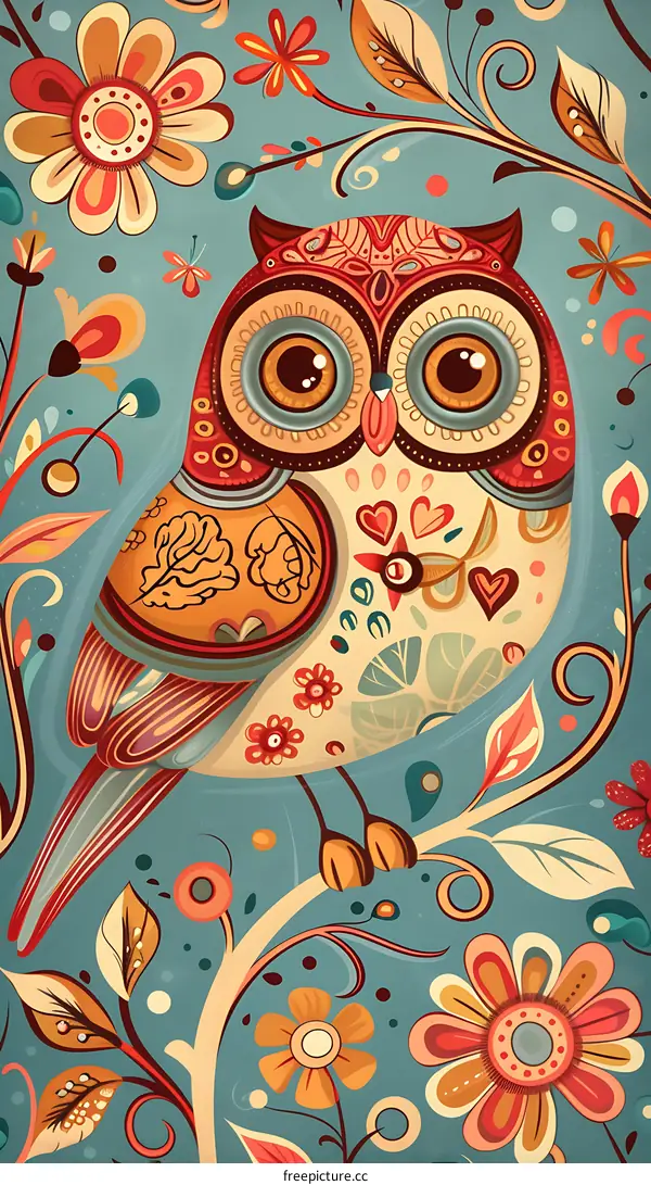 Owl in a Floral Pattern Illustration