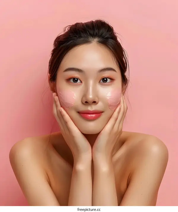 Beautiful Asian Woman Applying Pink Facial Mask