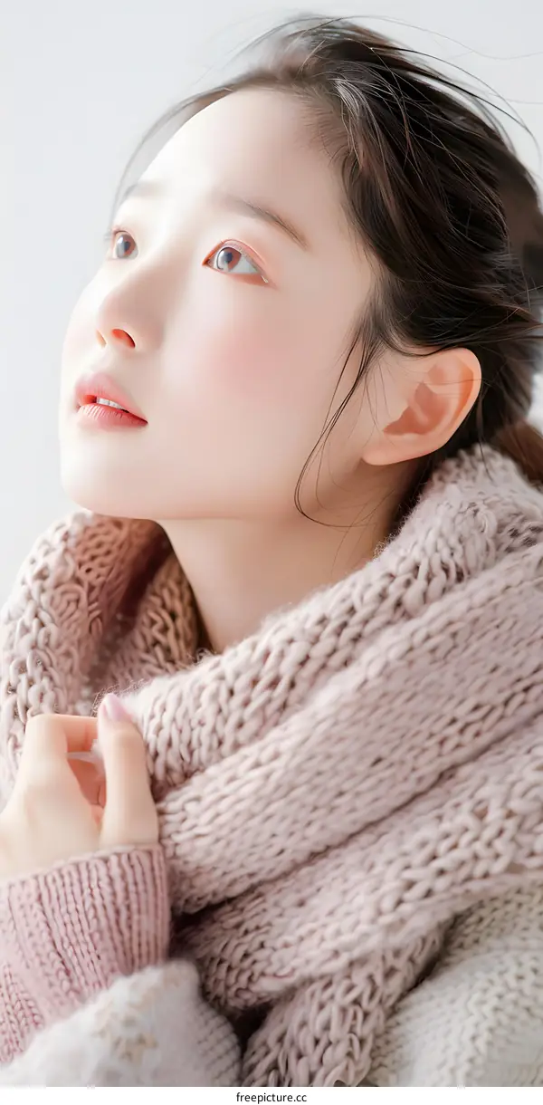 Beautiful Asian Woman Wearing Knitted Pink Scarf