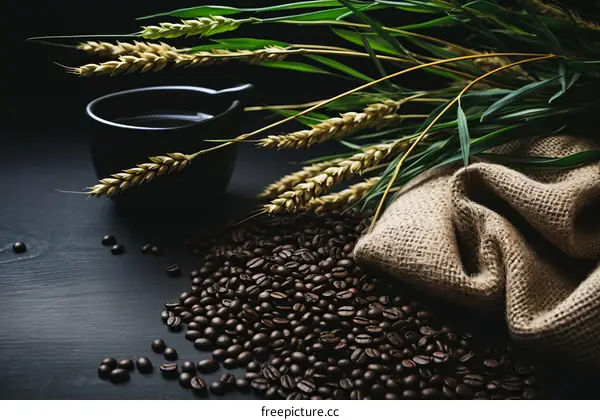 Fresh coffee beans on burlap sack next to wheat and measuring scoops
