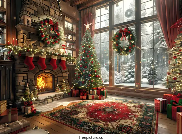 Christmas tree by the fireplace