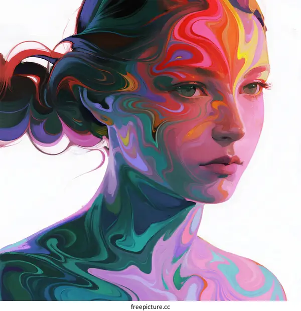 Vibrant Abstract Female Portrait with Colorful Swirl Patterns
