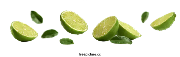 [Transparent Background PNG]Fresh Lime Slices with Leaves against White Background