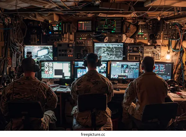 Three soldiers monitoring multiple computer screens in a dark room
