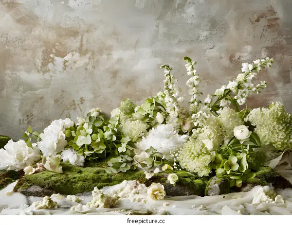 White Flowers with Green Leaves on Mossy Rocks