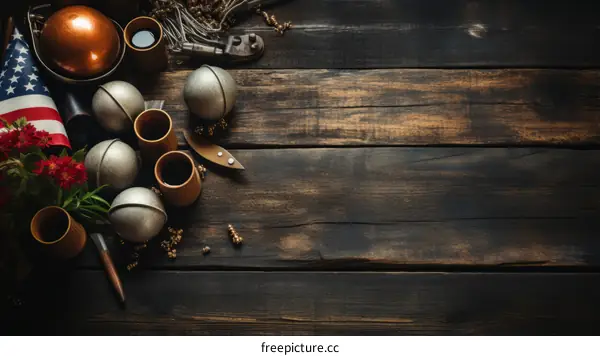 Vintage Patriotic Background with American Flag and Flowers