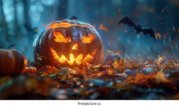 Halloween Pumpkin Glows in the Eerie Forest