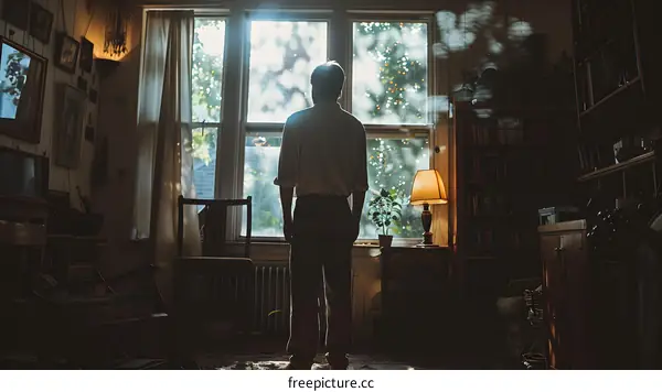 man standing in front of the window looking outside
