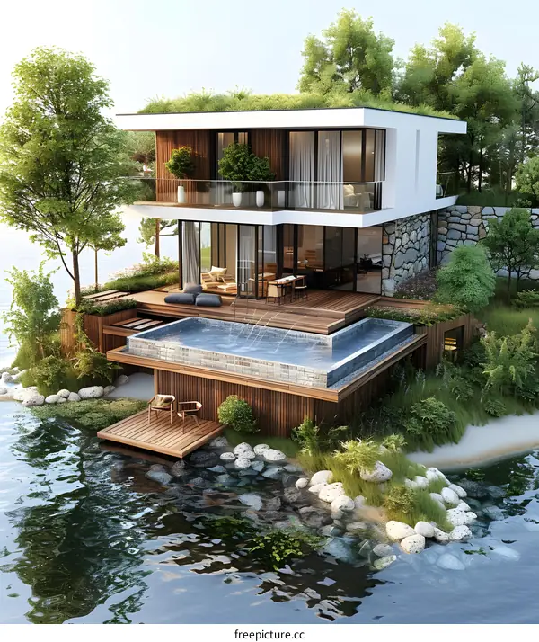 Modern sustainable house with green roof and infinity pool