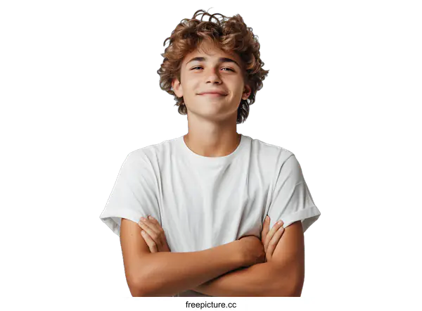 [Transparent Background PNG]Smiling Teenager Boy with Curly Hair Wearing White T Shirt