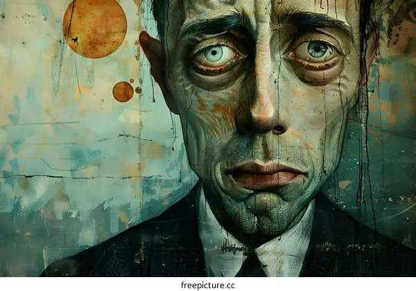 A painting of a mans face with a surreal expression