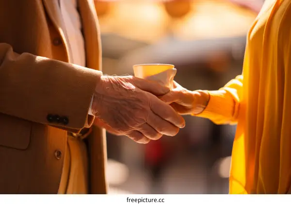 An elderly couple holding hands