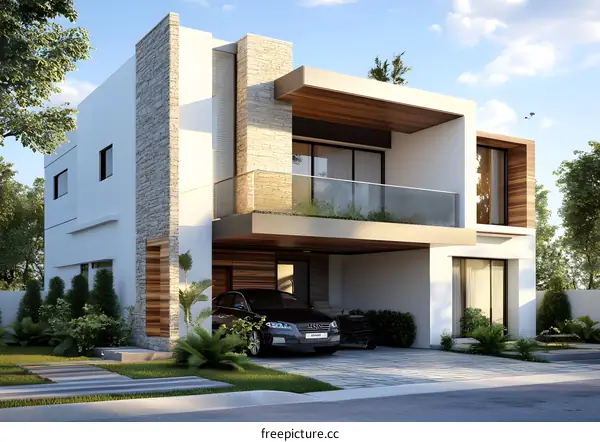 Modern Home Exterior Design with Stone and Wood