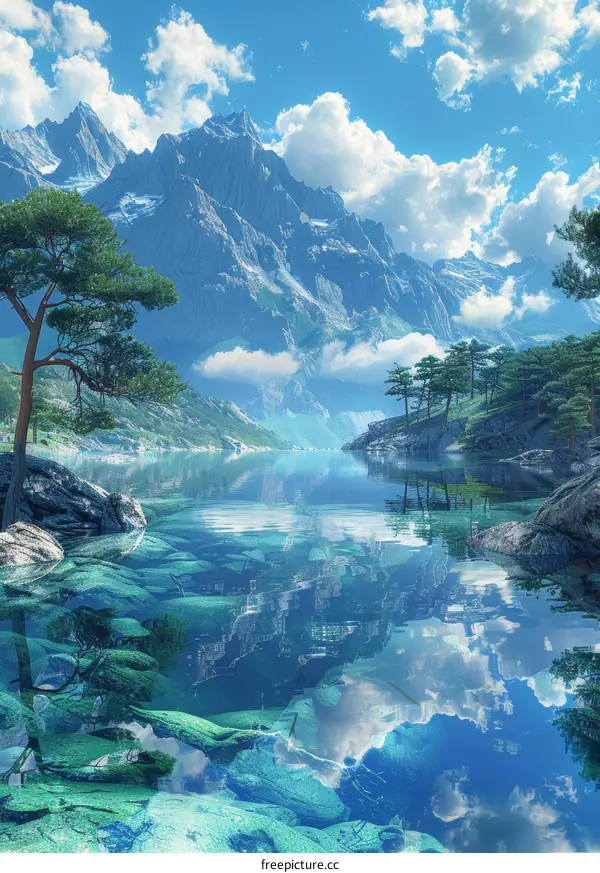 Majestic Mountain Lake Scenery Illustration