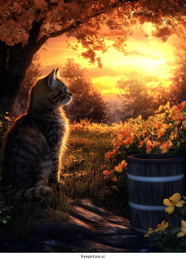 Cat Sitting Under Tree In Sunset