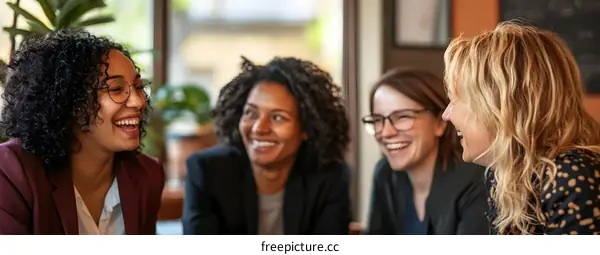 Four Diverse Women Friends Laughing Together Indoor