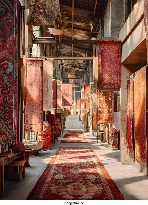 Traditional Persian Rugs Hanging in an Old Market
