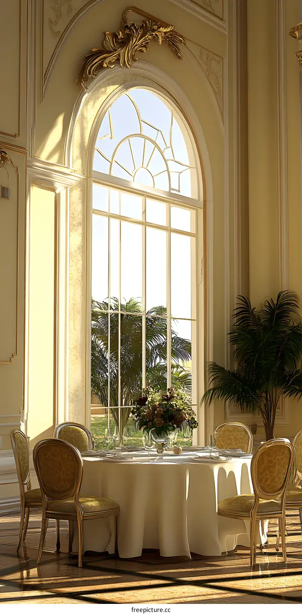 Elegant Dining Room Interior Design with Large Window and Golden Accents