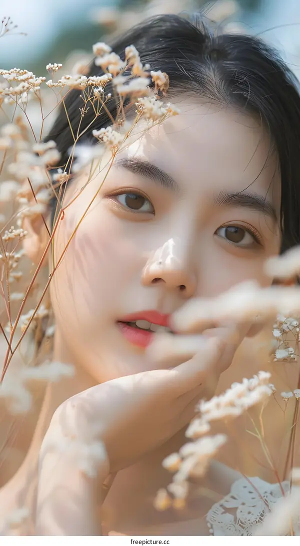 Close Up Portrait of a Beautiful Woman with Flowers