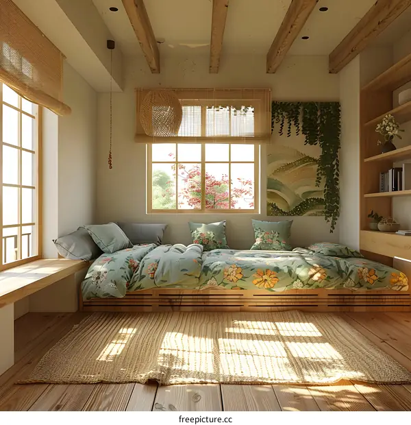 A cozy bedroom with a large window and a beautiful view