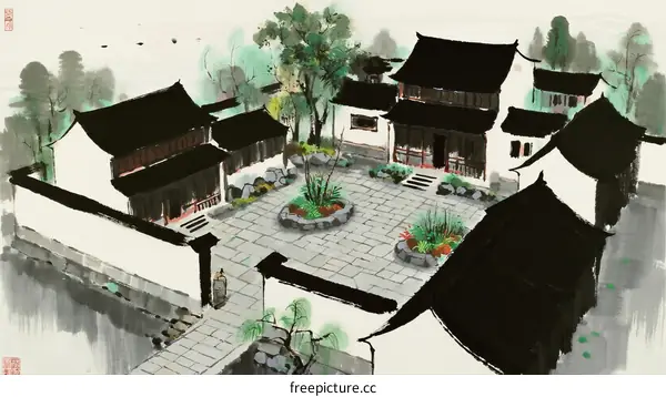 Traditional Chinese courtyard house with white walls and black tiles