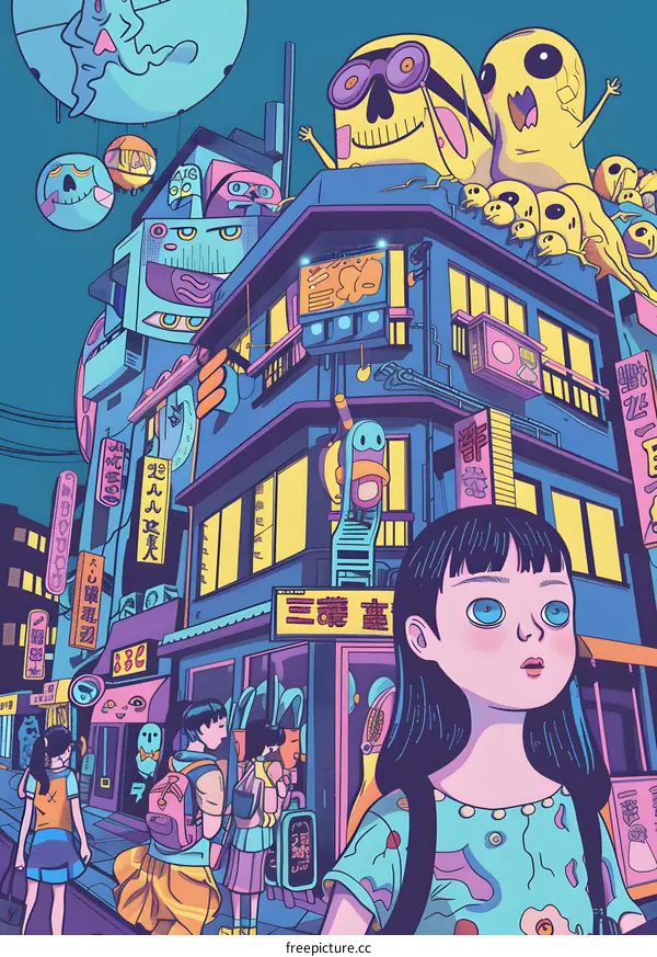 Nighttime City Street Illustration With Ghostly Characters