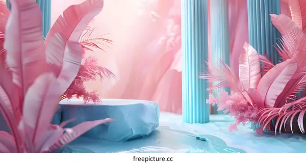 Geometric Shapes and Plants Illustration with Pink and Blue