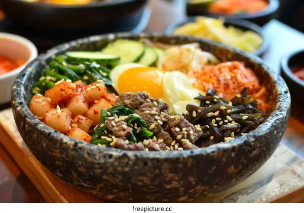 Korean Bibimbap: A Colorful Bowl of Rice, Kimchi, Vegetables, and Beef